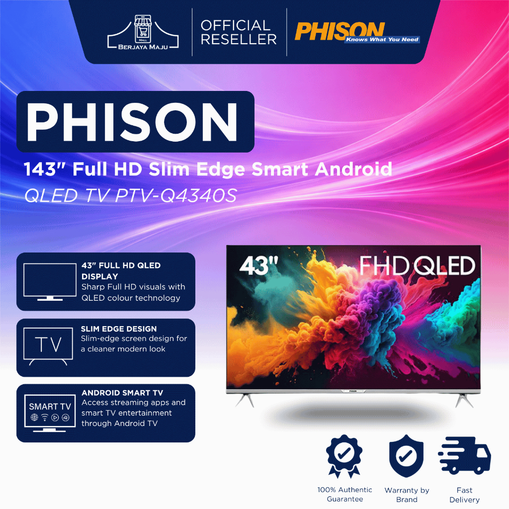 Phison 43" Full HD Slim Edge Smart Android QLED TV PTV-Q4340S | 4K Smart TV Google TV Android TV televisyen pintar 智能电视