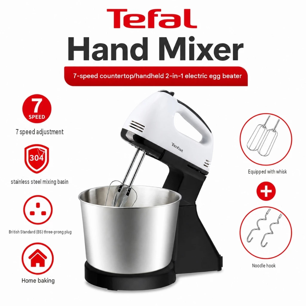 Tefal 7 Speed 2 In 1 Stand Hand Mixer Mesin Pengadun Bancuh Telur Egg Beater With Stainless Steel Bowl Baking