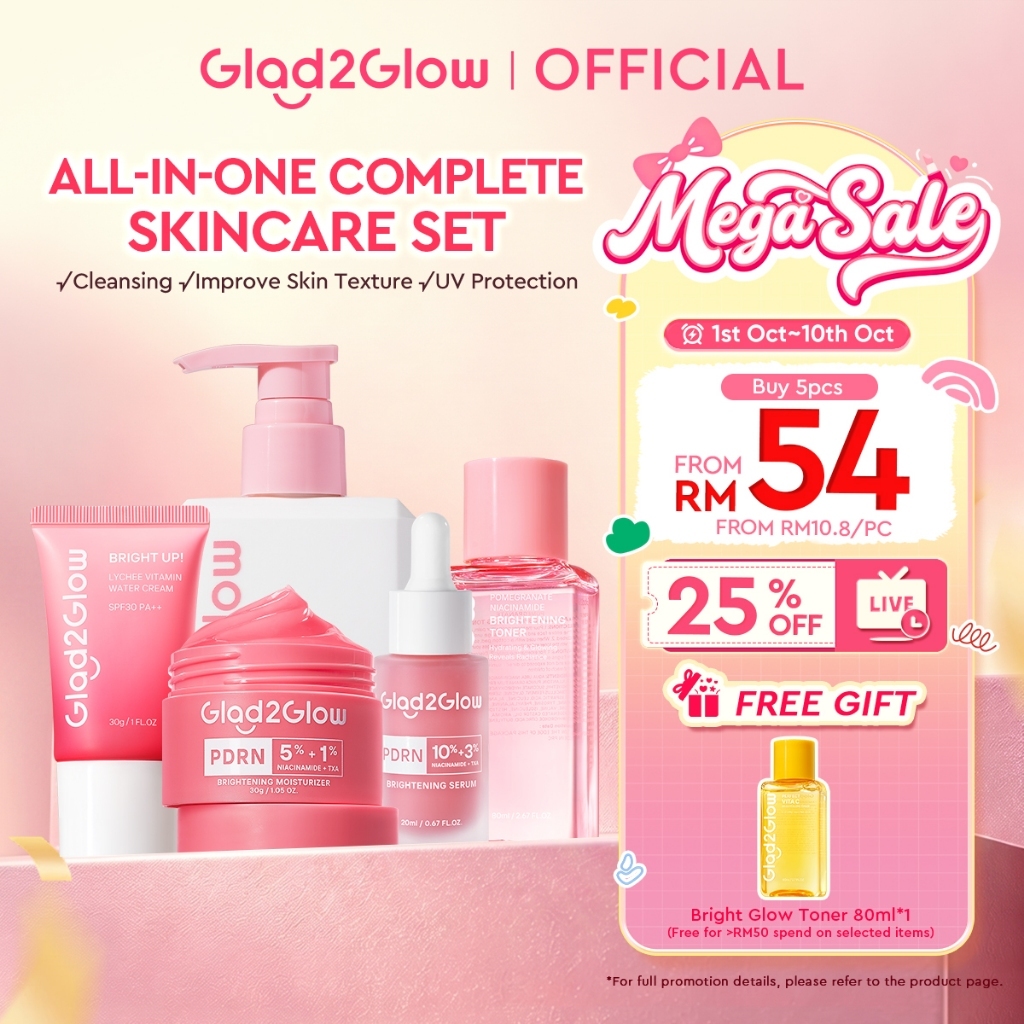 [LIVE EXTRA]Glad2Glow 5PCS Skincare Set-PDRN Moisturizer,Sunscreen,Cleanser,PDRN Serum,Toner Brightening|Repair|Acne