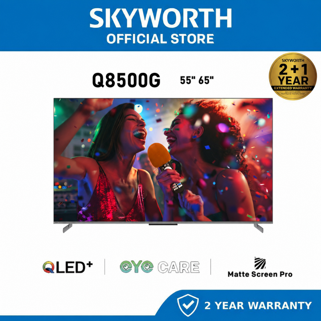 FREE SOUNDBAR -SKYWORTH AI Karaoke QLED+ TV Q8500G Matte Screen Pro | 120Hz Turbo Motion with MEMC | Eye Care