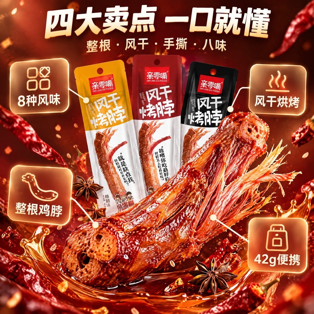 【亲零嘴】手撕风干烤脖 烤鸡脖 42g 香辣 糖醋 黑鸭 藤椒 蜜汁 炭烧 奥尔良 凌晨宵夜 Dried Grilled Chicken Neck Snack Spicy Honey BBQ 下酒菜 劲辣味 Chinese Snack