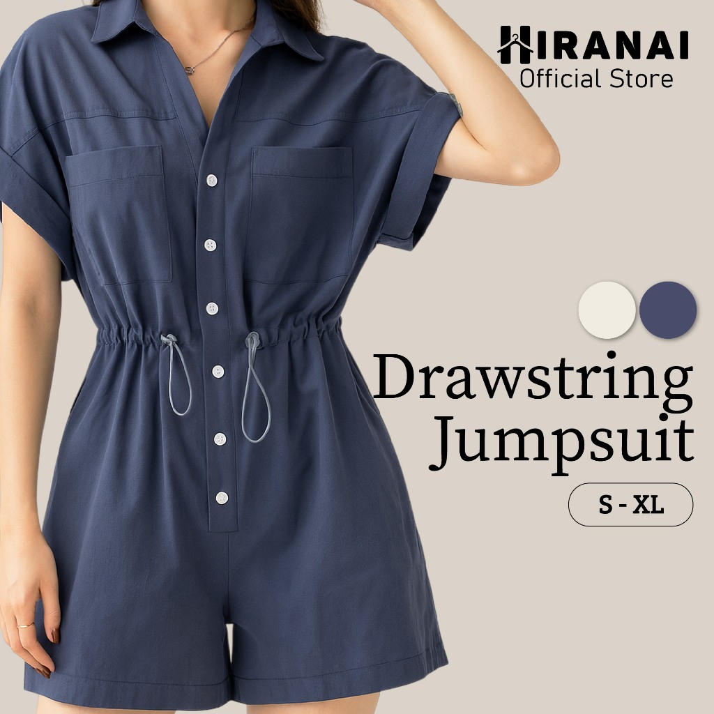 Jumpsuit for Women Drawstring Button Front Pocket  Casual Plain Polos Kasual Saku Depan