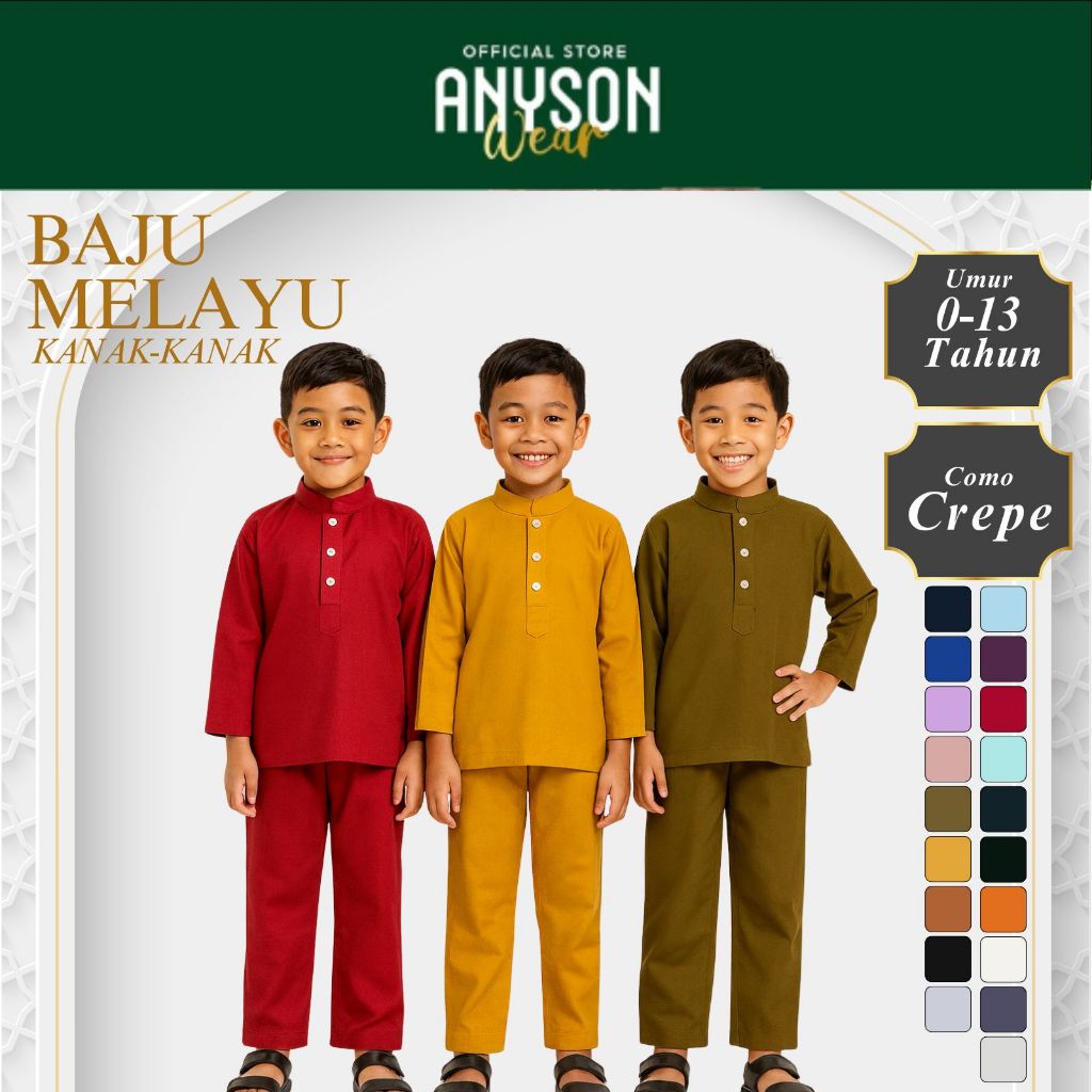 ANYSON WEAR Baju Melayu Budak Lelaki Cekak Musang 0-13 Tahun Pelbagai Warna | Baju Raya