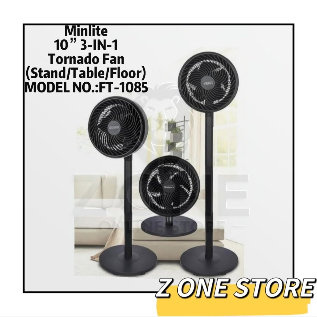 Minlite 10' 3-In-1 Tornado Fan / Stand Fan / Table Fan / Floor Fan (FT-1085) 90W 3 Speed Level Extendable Height 立式风扇