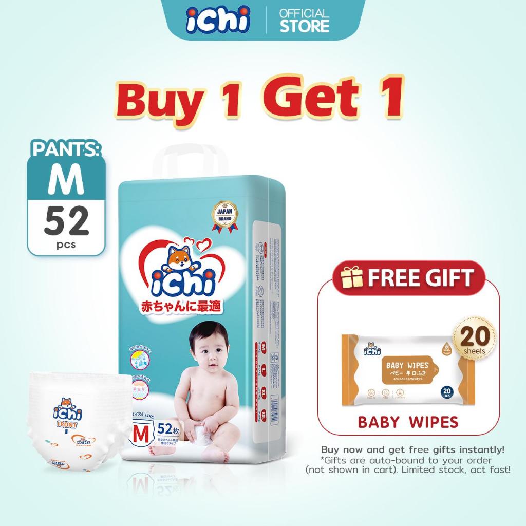 BELI 1 DAPAT 1 Lampin Bayi ICHI (Tape/Diapers) High Absorb Anti-Leak Lembut Pull Up Pants M52 keping