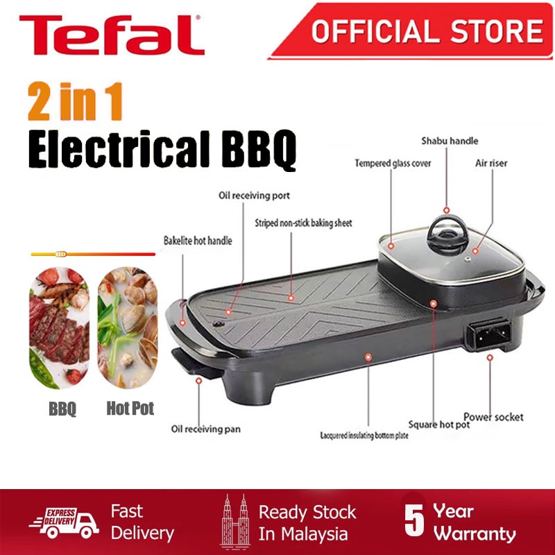 Tefal 2-IN-1 BBQ Grill & Steamboat Hot Pot Shabu Roast Fry Pan Teppanyaki | 2 In 1 Electric Hot Pot BBQ Grill Pan