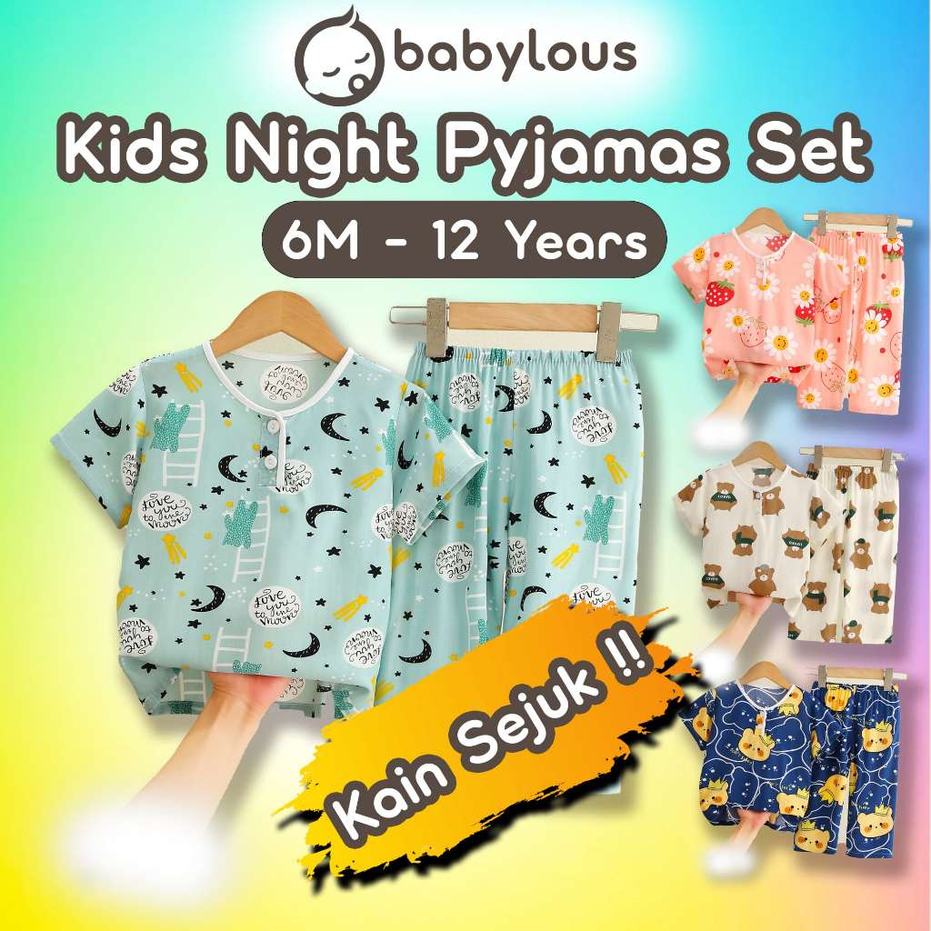 Kids Short Sleeve Pyjamas Set Baju Tidur Budak Cotton Silk Baju Tidur Nipis Sejuk Babylous Children Sleepwear Pajamas