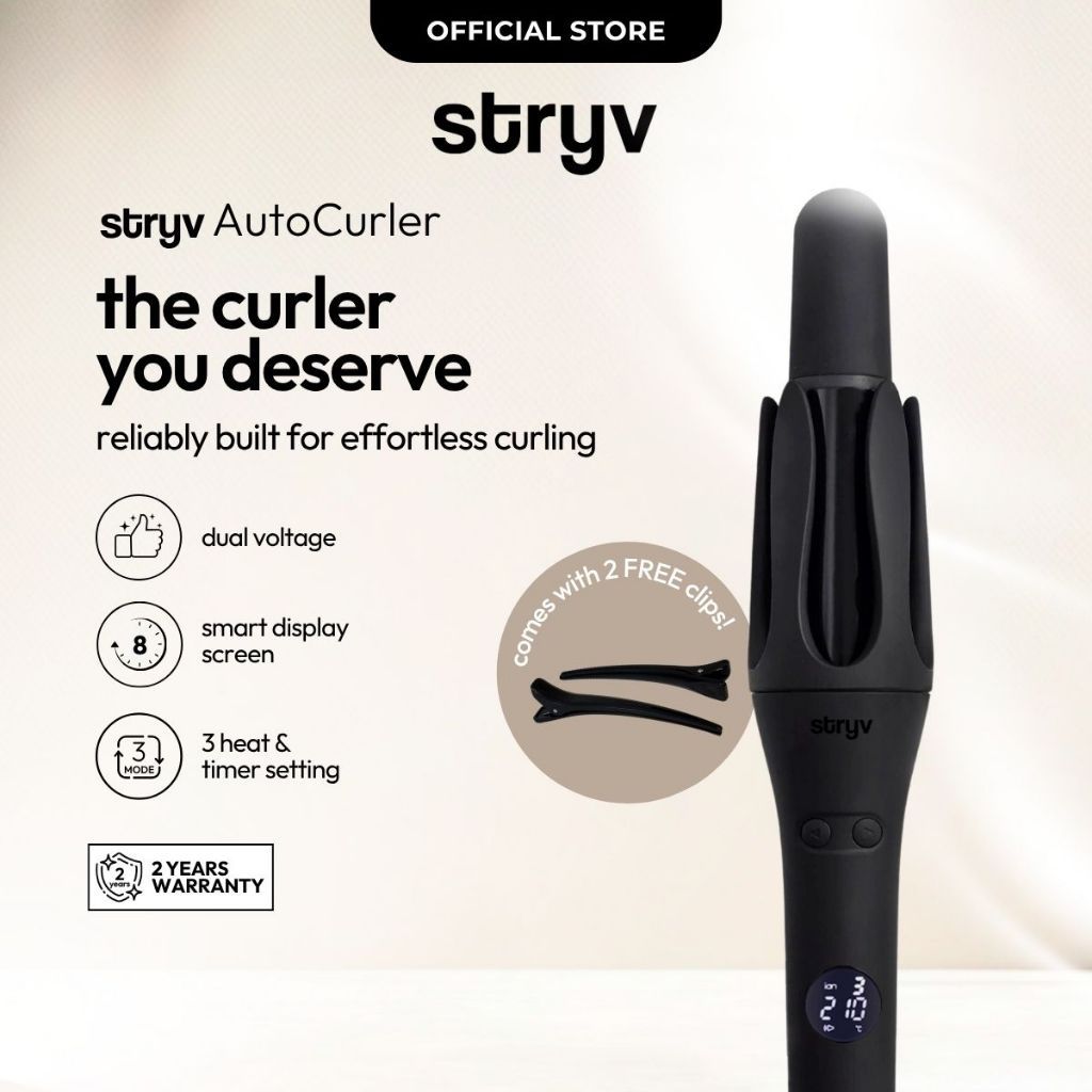 Stryv AutoCurler | Beginner-Friendly Hair Curler | Dual Voltage | 3 Heat & Timer Settings |  Pengeriting Rambut