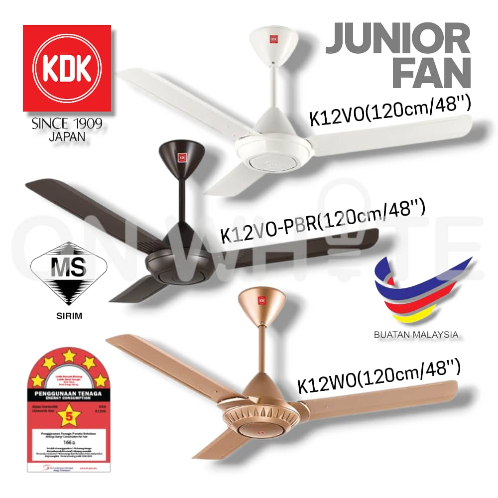 KDK K12V0 - WHITE/ K12VO - PBR / K12WO-COPPER BROWN CEILING FAN 3BLADE JUNIOR FAN (120cm/48"INC)