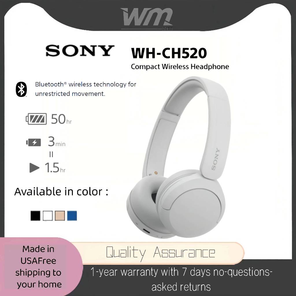 【BEST PRICE】Sony WH-CH520 Wireless On-Ear Headphones | 50H Playtime, Fast Charge 10min = 90min | Ultra Lightweight | Per