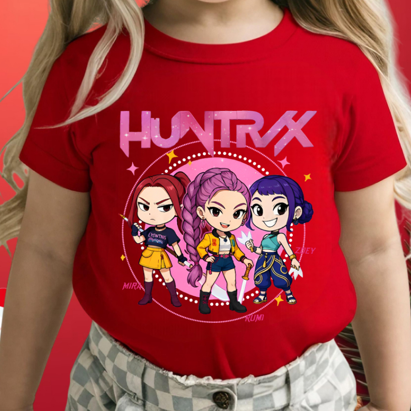 Baju Kpop Demon Hunters T-Shirt Kids Adult-Kpop Huntrix Mira, Rumi, Zoey Cotton Short Sleeve Lelaki & Wanita Tee