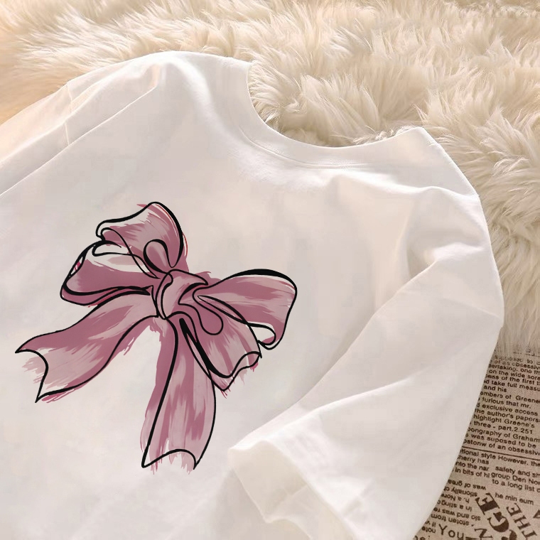 kumikumi Korean round neck Fun and creativity short sleeved Pink bow T-shirt for women