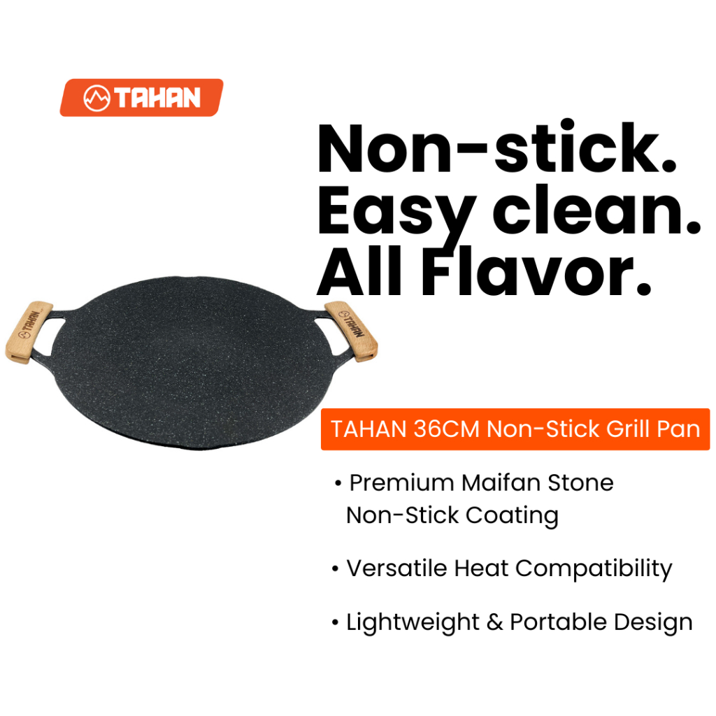 TAHAN 36cm Non-Stick Grill Pan Maifan Stone Coating | Outdoor Camping BBQ Frying Pan with Carry Bag