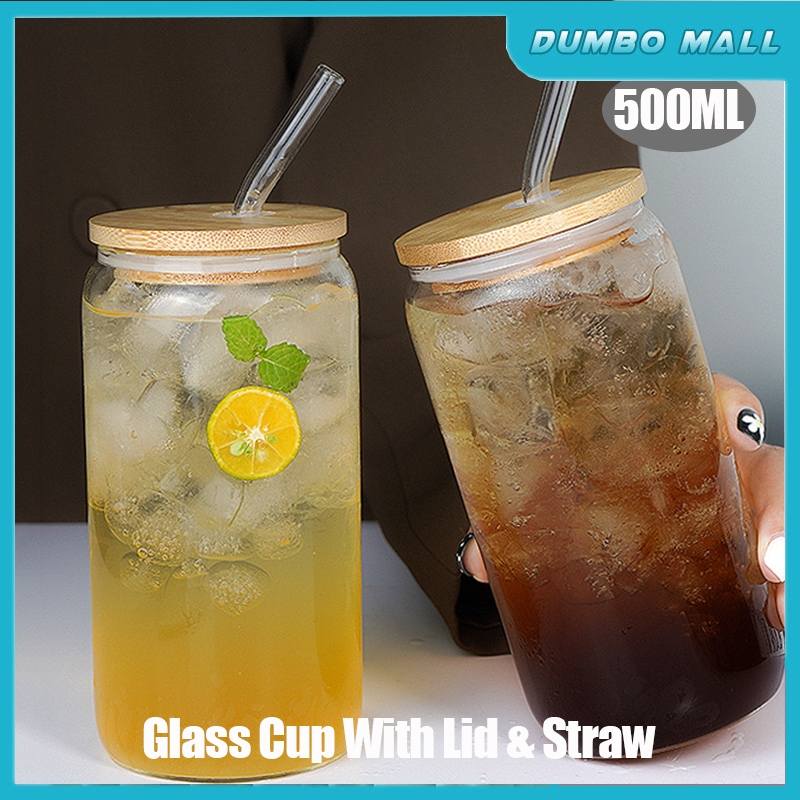 Glass Cup with Straw and Lid 500ml Transparent Glass Cup Set Drinking Glass Mug with Bamboo Cover