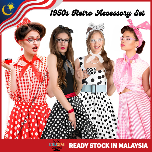 1950s Retro Women’s Accessory Set – Polka Dot Headband, Heart Glasses, Earrings & Scarf