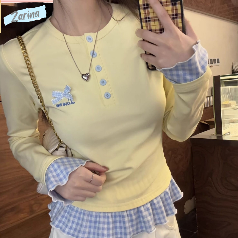 【24H SHIP】 lace fake two-piece slim long sleeved shirt casual yellow top women