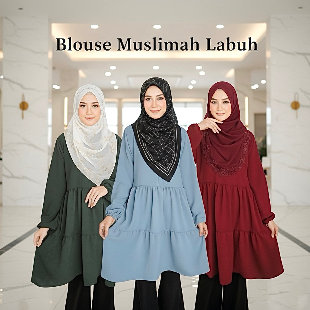 SARAH BLOUSE RUFFLE LABUH MUSLIMAH || Ada Zip Depan ironless size S-7XL