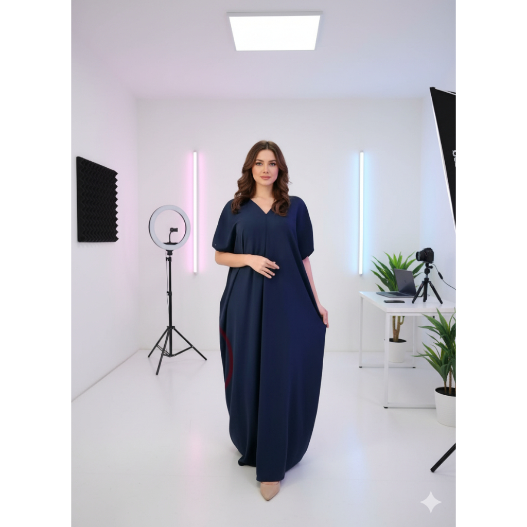 Muslimah V-Neck Shape Kaftan Plain Hot Trend Wnita Dress Loose Cutting Ironless Cey Crepe