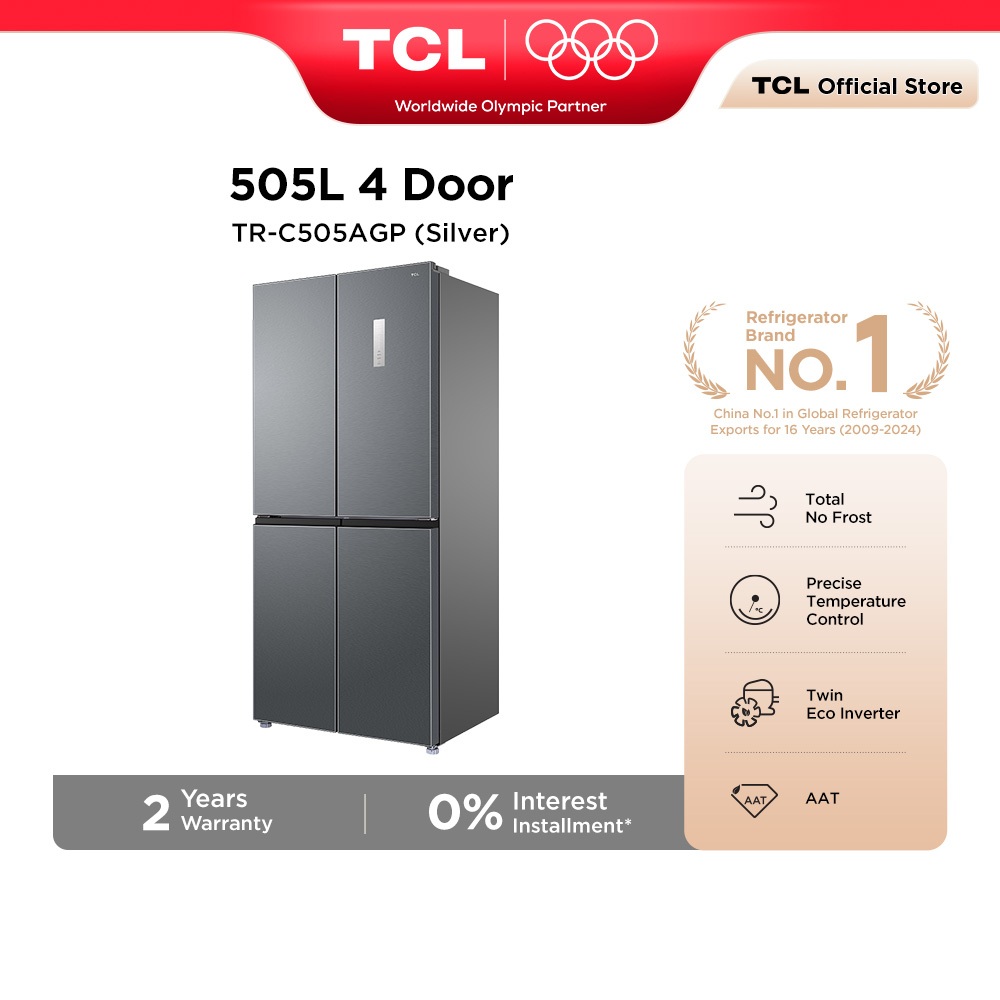 TCL 505L 4 Door Silver Refrigerator Twin Inverter AAT Sterilization Peti Sejuk 4 Pintu TR-C505AGP