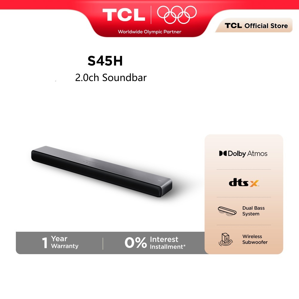 TCL S45H 2.0ch Dolby Atmos All-in-One Deep Bass Soundbar, Dual Bass System, HDMI 2.0 with eARC S45H