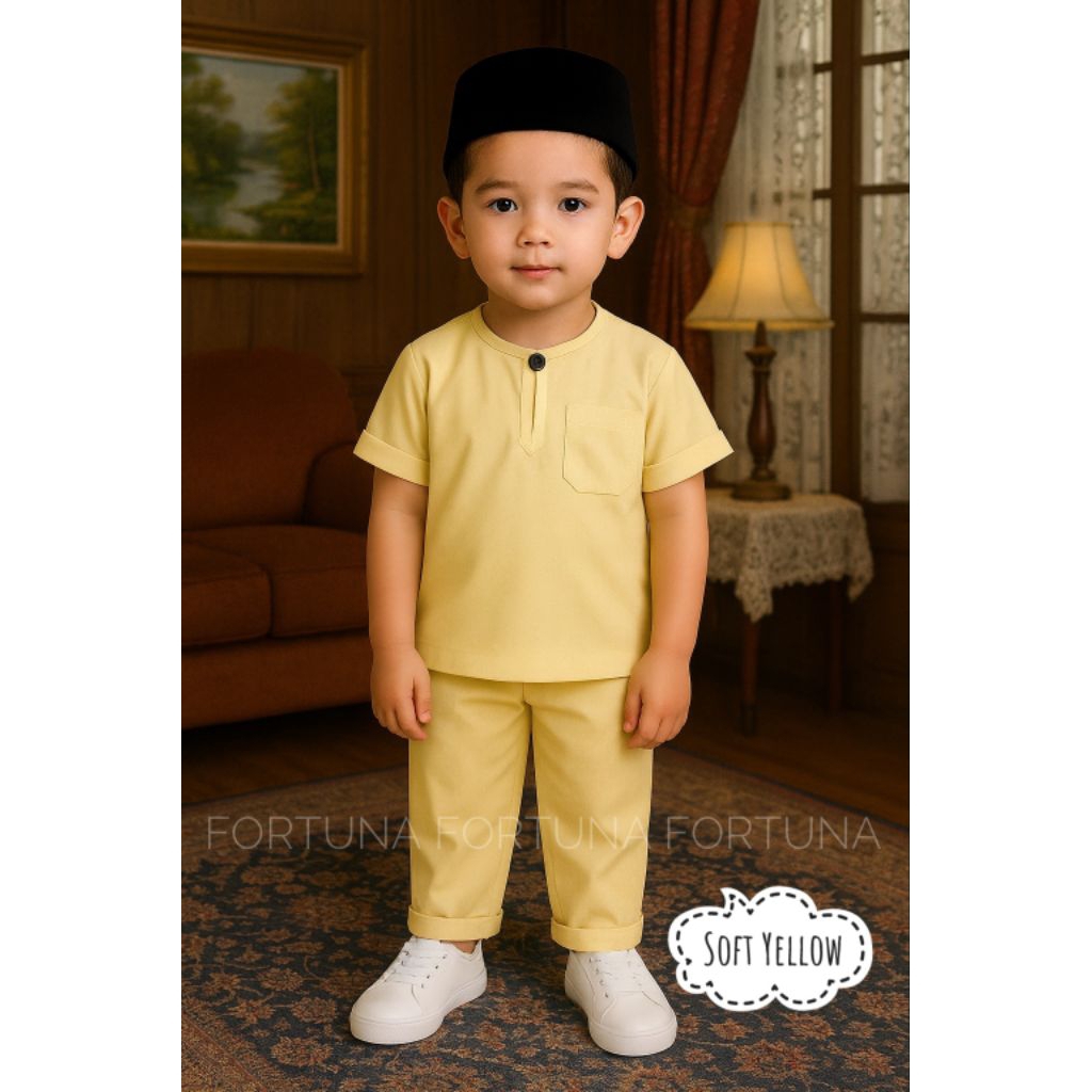 [Soft Yellow] FORTUNA Baju Melayu Aidil Kids | Baju Melayu Lengan Pendek | Saiz 0y 1y 2y 3y 4y