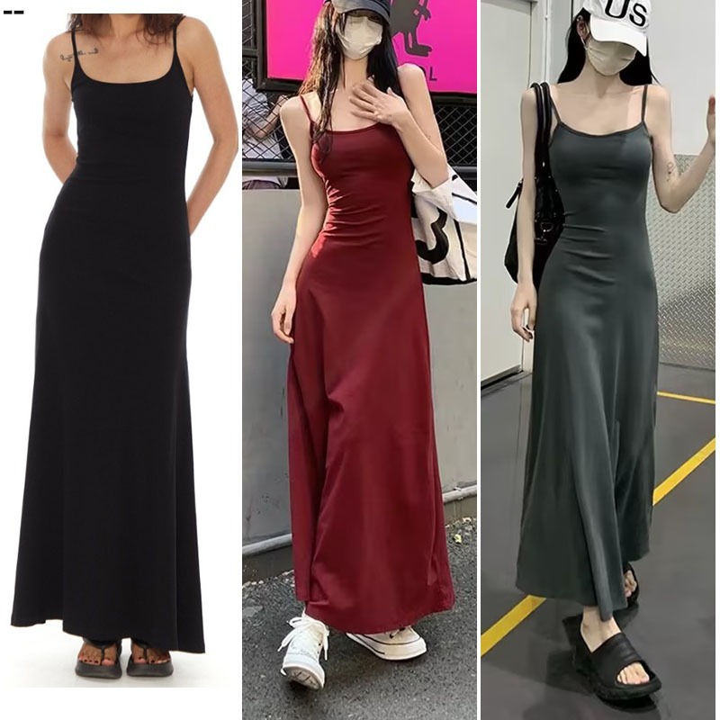 【READY STOCK AT Johor】 Hotgirl⭐Red long dress, New Year's style Women's Black Suspender Long Dress Slim Fit Style