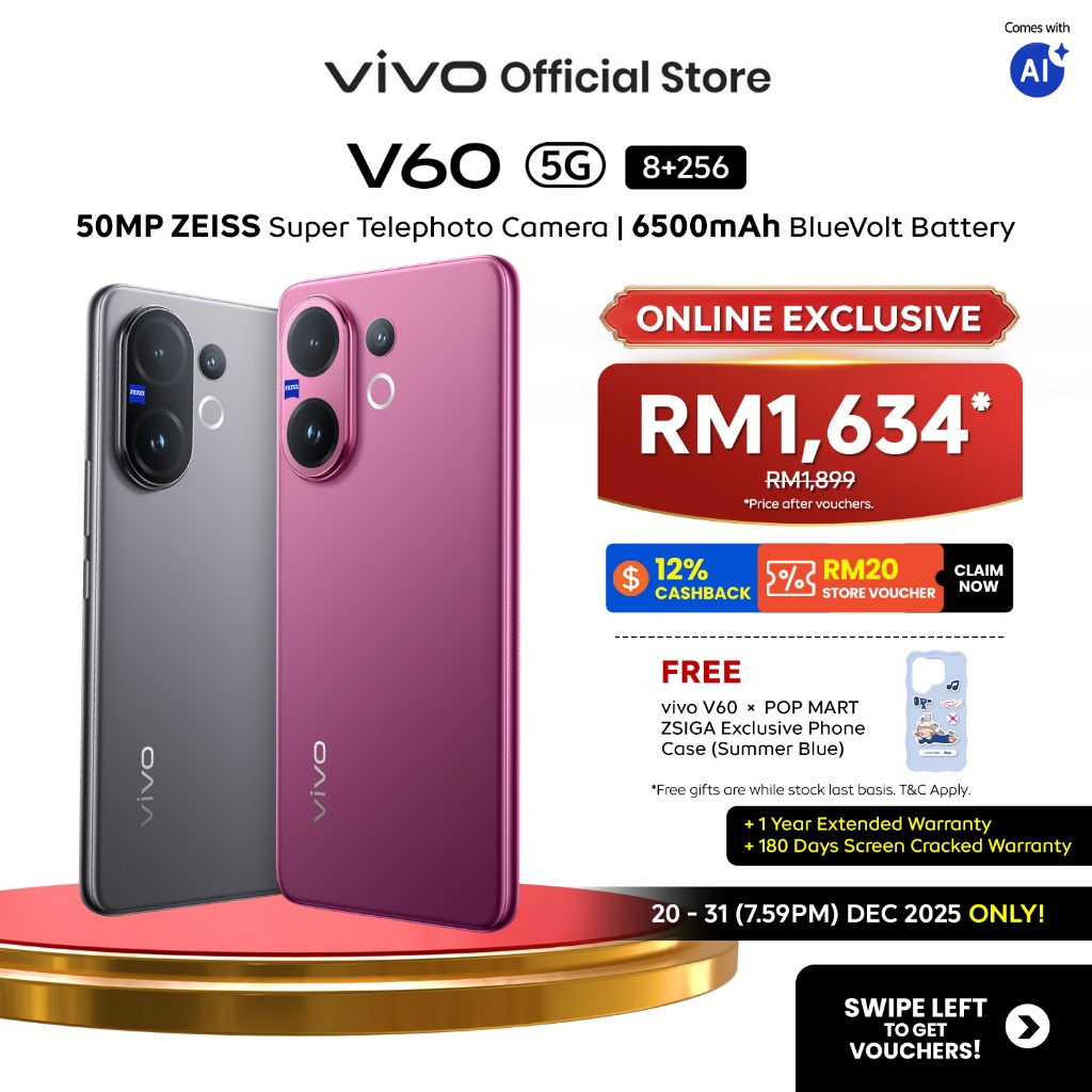 [READY STOCK] Online Exclusive l vivo V60 5G 16*GB+256GB 50MP ZEISS Super Telephoto Camera 6500mAh BlueVolt Battery