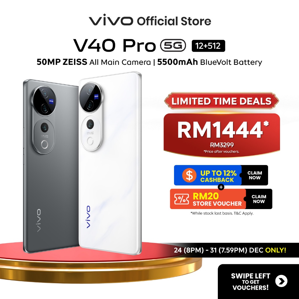 vivo V40 Pro 5G ZEISS Multifocal Portrait, MTKD9200+, IP68+IP69, 5500mAh+80W, AI Aura Light, AI Erase