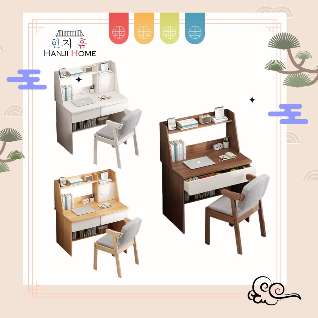 Hanji【JYJU】Meja Desk with Integrated Bookshelf Modern Minimalist Computer Desk Student Study Writing Table Design