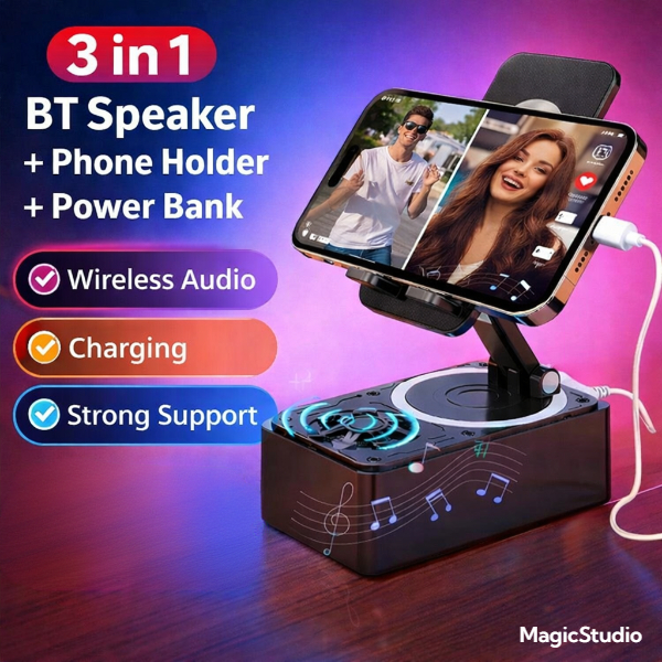 3in1 Bluetooth Speaker with 3000mAh Power Bank | Foldable Phone Stand | Pembesar Suara, Power Bank & Pemegang Telefon