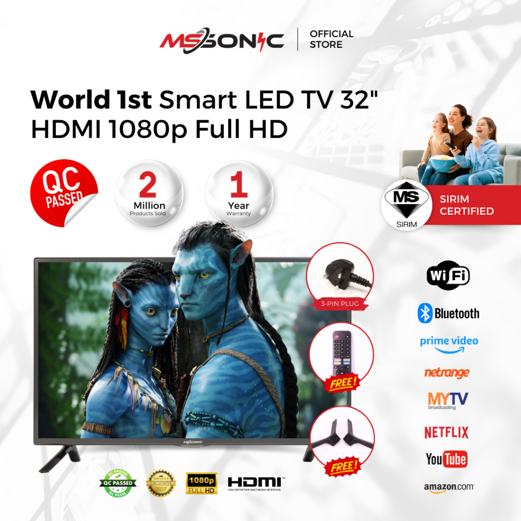 SIRIM Certified MS SONIC Smart LED TV Built In MYTV Netflix Television HDMI 1080p Full HD 32"