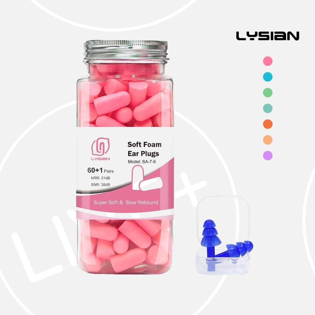 LYSIAN Ultra Soft Foam Earplugs, 60 Pairs Pink | Ear Plugs For Sleeping Work Anti Noise 耳塞防噪音睡眠專用
