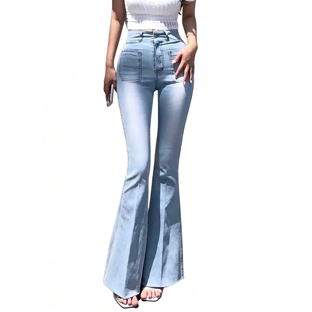 Jies Retro Design Wide Leg High Waist Bootcut Jeans - Light Blue N091