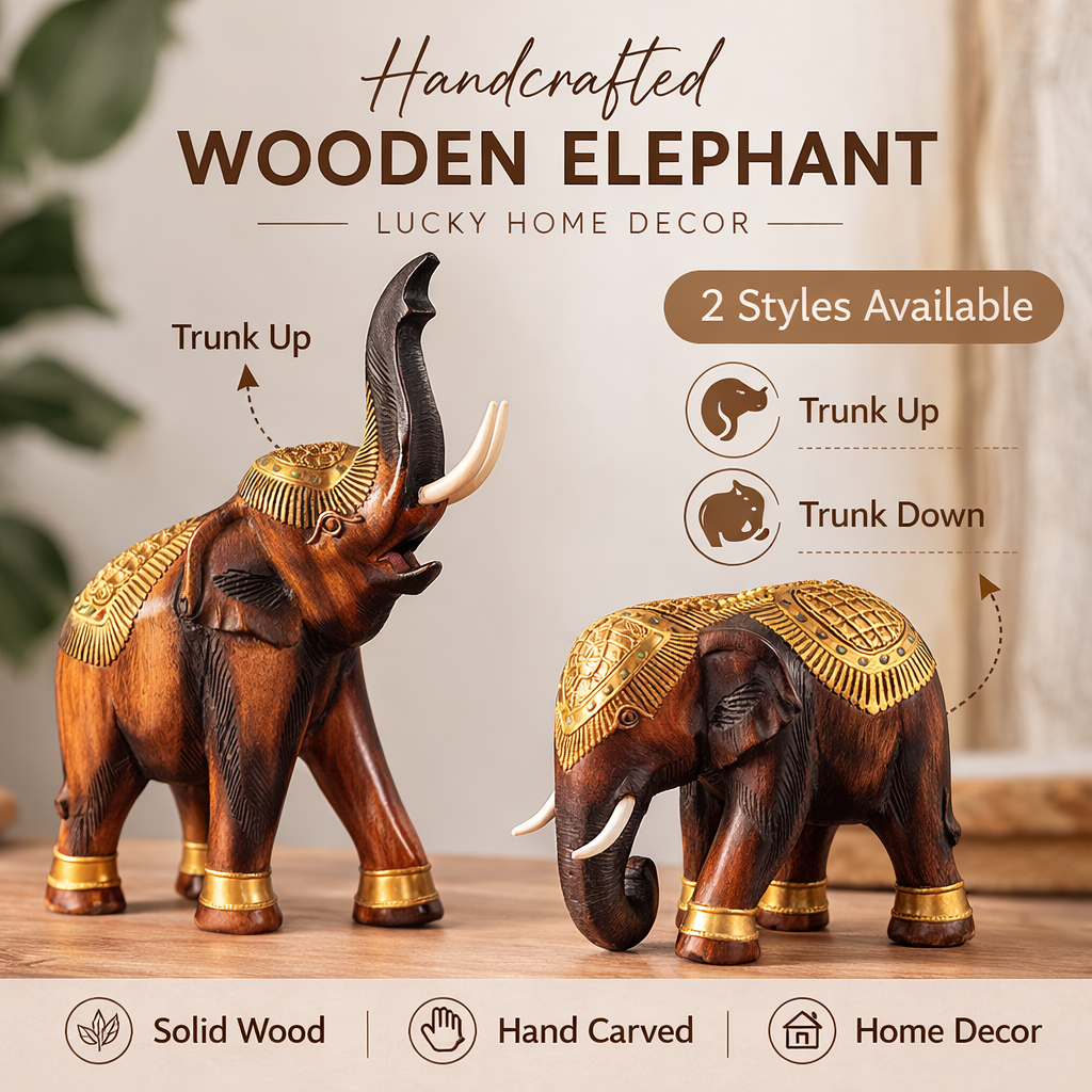 Handcrafted Wooden Elephant Statue Lucky Elephant Figurine Trunk Up Down Solid Wood Home Decor