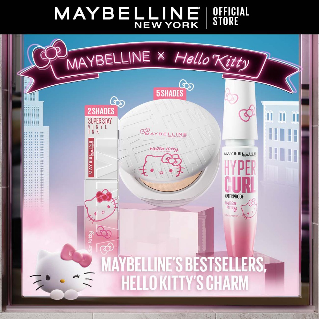 Limited Edition MAYBELLINE X HELLO KITTY - Fit Me Matte Compact Powder, Super Stay Vinyl Ink & Hypercurl Mascara