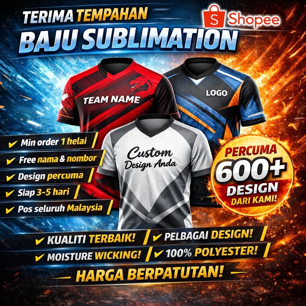 Custom Baju Sublimation Murah | Print Logo Tulisan Gambar | Saiz XS–7XL