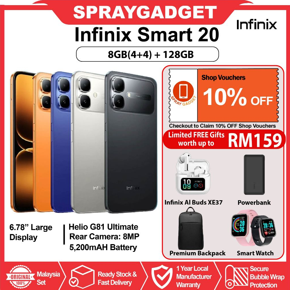 [NEW] Infinix Smart 20 (8GB*(4+4)RAM + 128GB ROM) NFC l MTK Helio G81 | 120Hz 6.78" Big Screen | 1.5m Drop Resistance