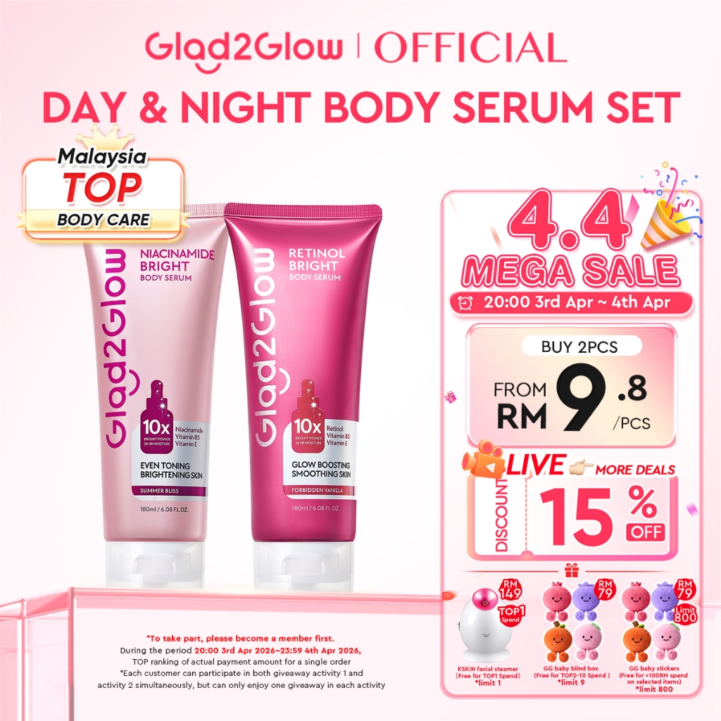 【Ready Stock】Glad2Glow Retinol Bright Body Serum Lotion Lightweight Texture Vitamin B5 Hydration Firmer & Smoother Skin