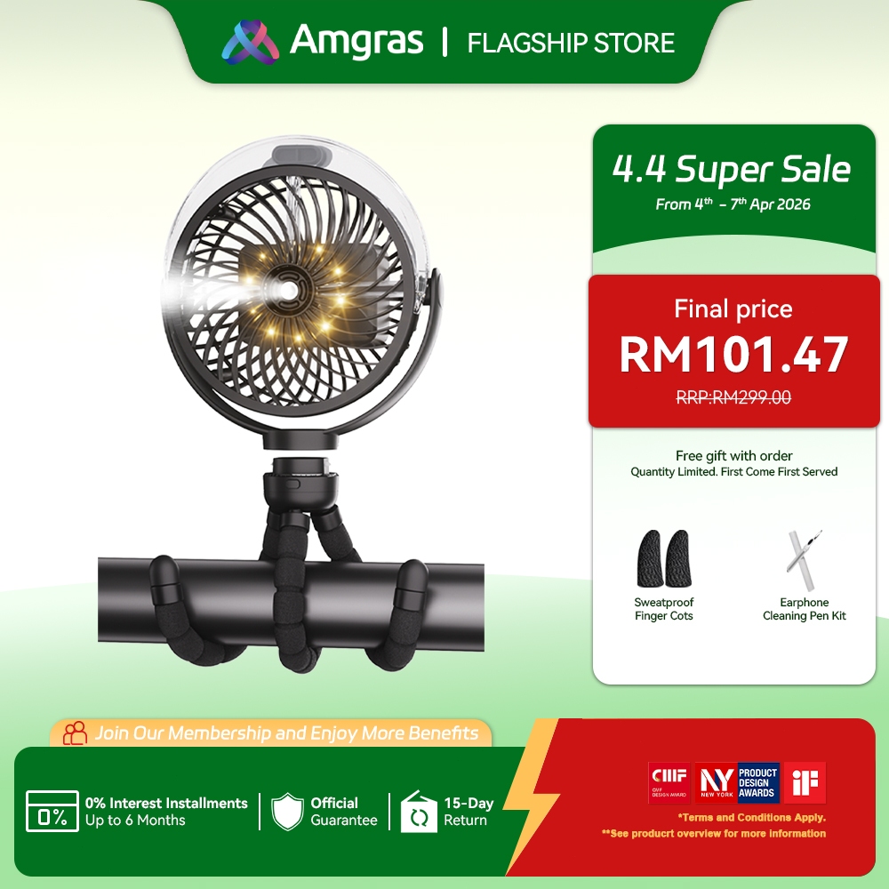 Amgras Stroller Baby Portable Mini Fan Rechargeable 9 Leds/Ultra Quiet/Flexible Tripod/55 Hours (6000mAh)