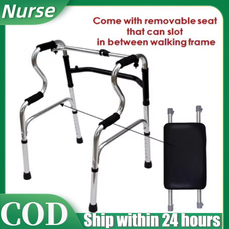【NURSE】Curve Handle Walker Walking Aid Frame Medical  Foldable  Adjustable Elder  Walker Tongkat  with Wheel  Shower