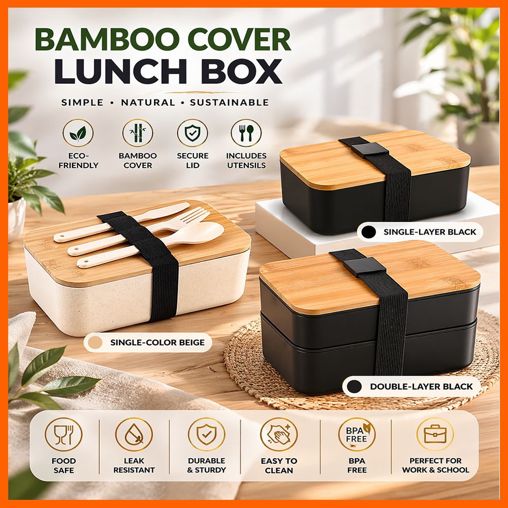 Lunch Box Japanese Bento Box with Bamboo Wood Cover Lunch Box Food Container With Free Cutlery Bekas Makanan