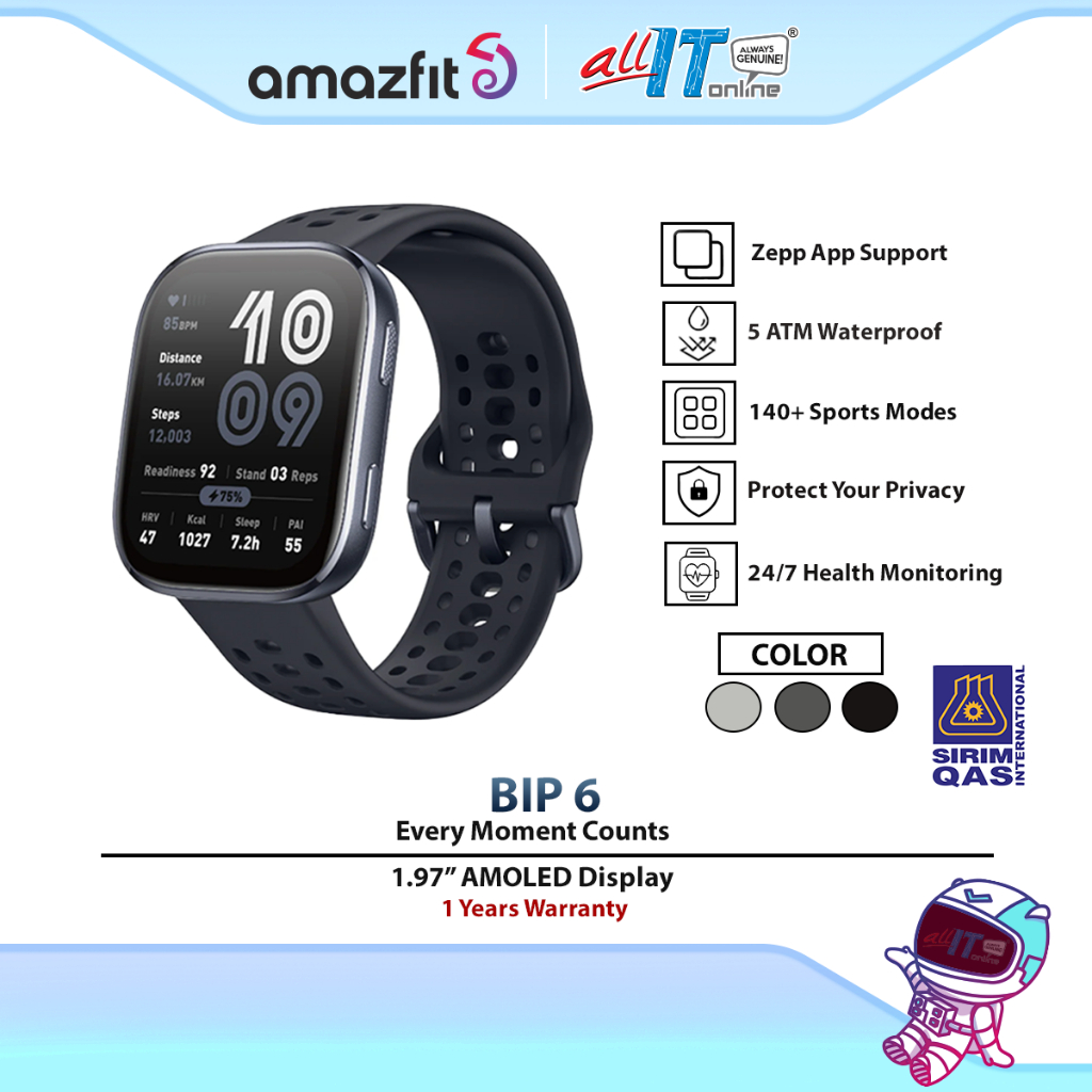 Amazfit Bip 6 Smartwatch with Large Display, Heart Rate, SpO₂ & Long Battery Life for Fitness & Daily Health Tracking
