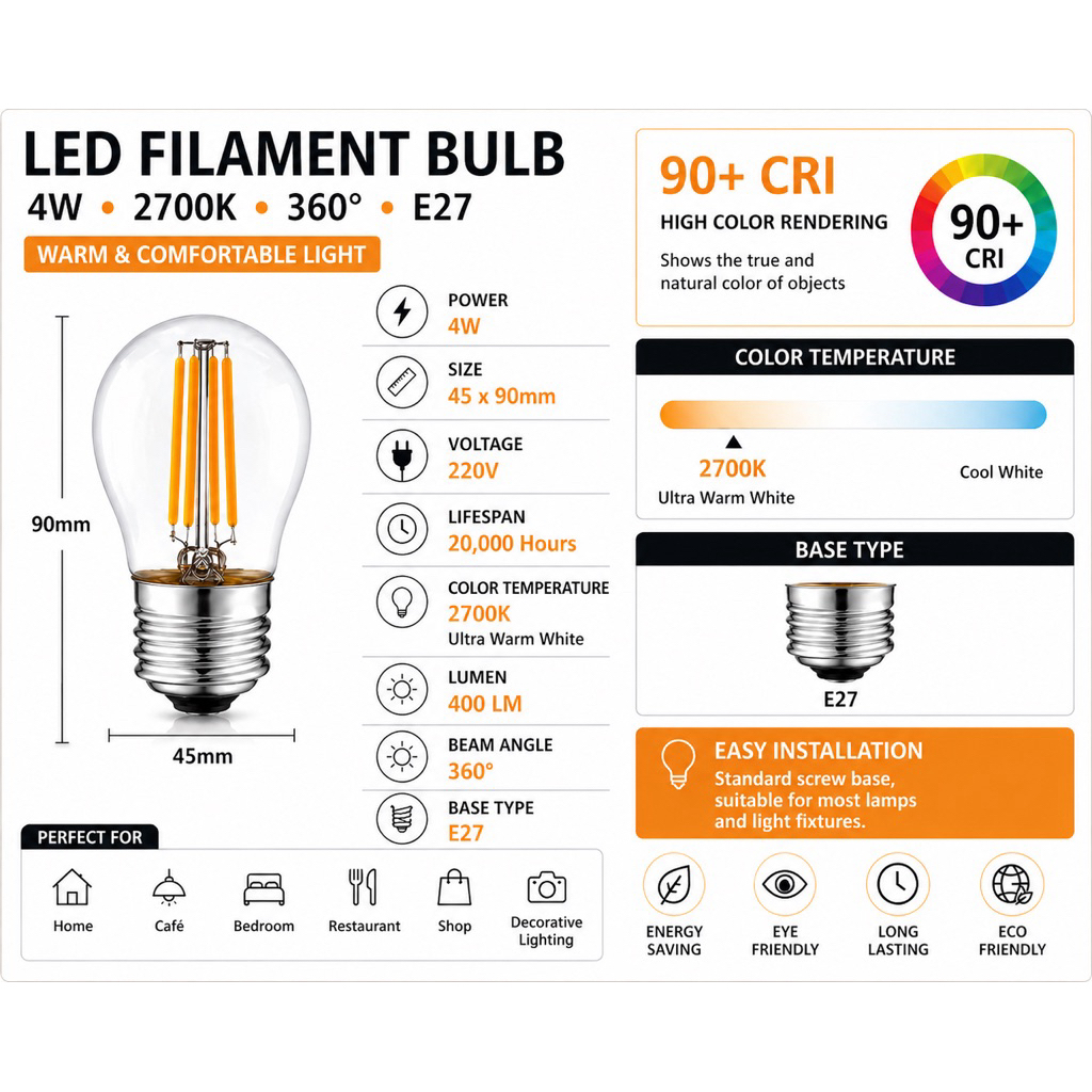 *G45 LED Filament Light E27 4W Glass Housing Bulb Edison bulb Vintage LED Lamp
