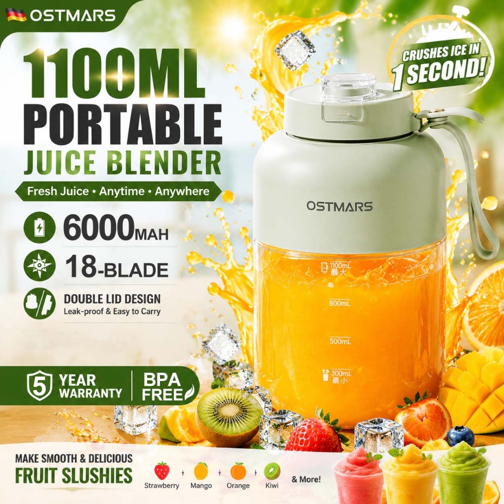 OSTMARS Juicer Blender 1100ml 6000mAh 2in1 Fruit Blender Ice Crushing 18-Blade Wireless USB Rechargeable Portable Juicer