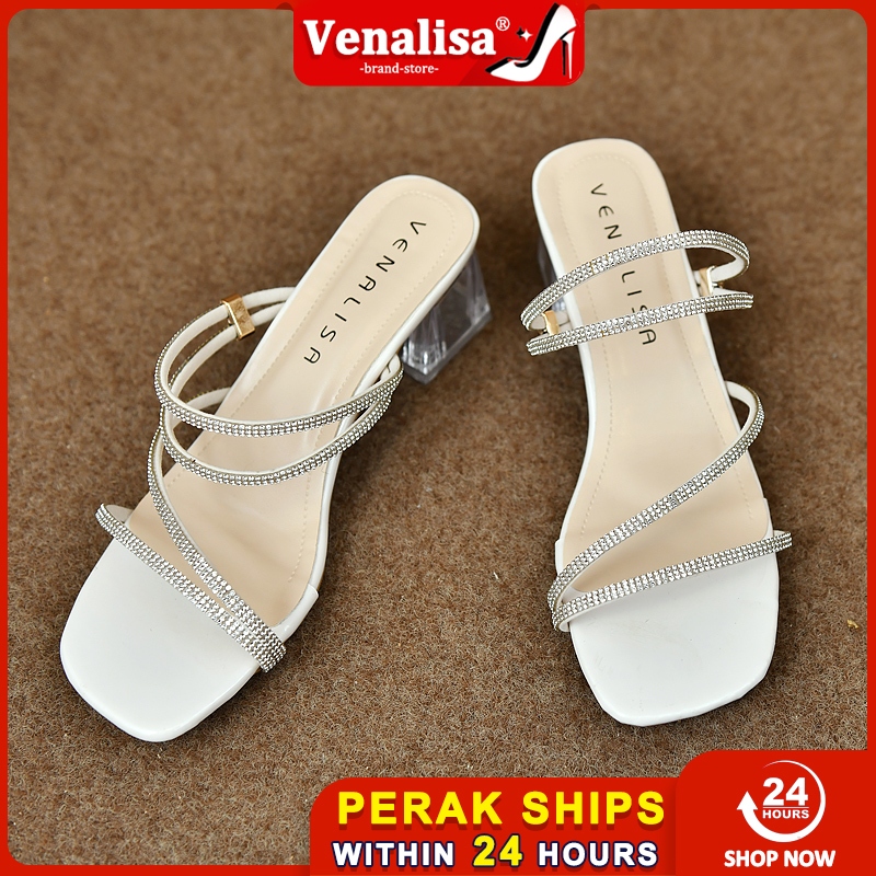 Venalisa READY STOCK Sandal Wanita Mewah Kristal | Clear Heel Slides untuk Raya & Majlis
