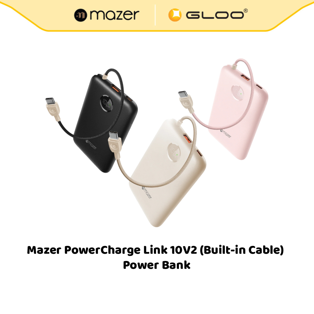 Mazer PowerCharge Link 10V2 10,000mAh Power Bank | Built-in USB-C Cable