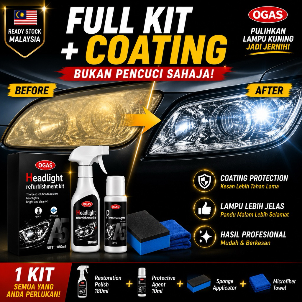 Kit Pemulihan Lampu Kereta Kusam & Kuning + Coating | Headlight Restoration Repair Untuk Kereta Motor Lori OGAS