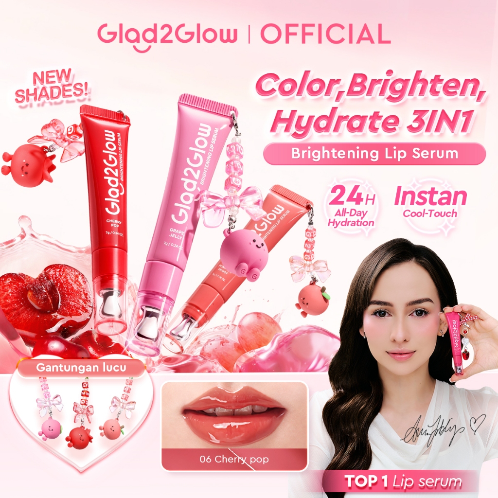 [Live Extra]Glad2Glow Lip Serum 7g Brightening 3in1 Tinted Lip Gloss VC VE Hydrating for Dark Lips Glow Moist Lip Balm