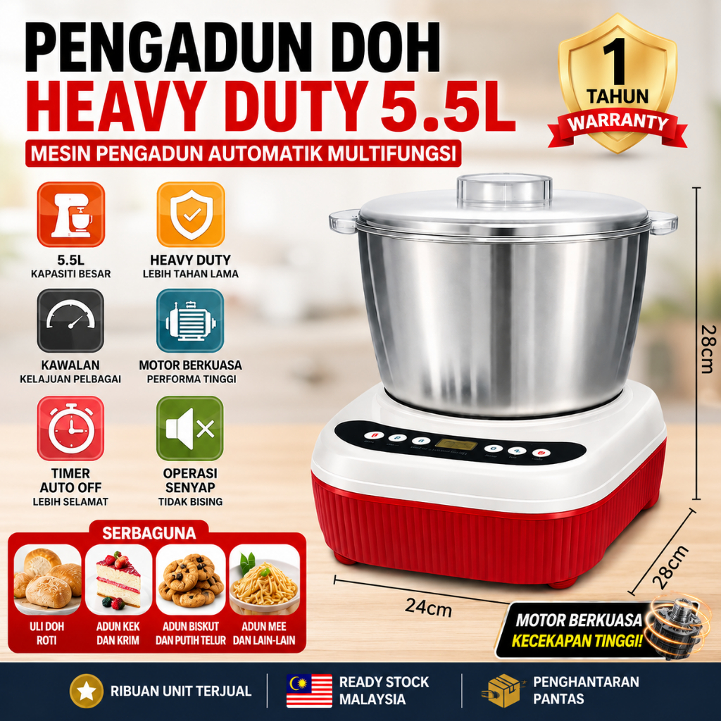 LPB 5.5L Dough Mixer Heavy Duty Stand Mixer Mesin Pengadun Uli Doh Roti Kek Automatic Food Mixer 1 Year Warranty