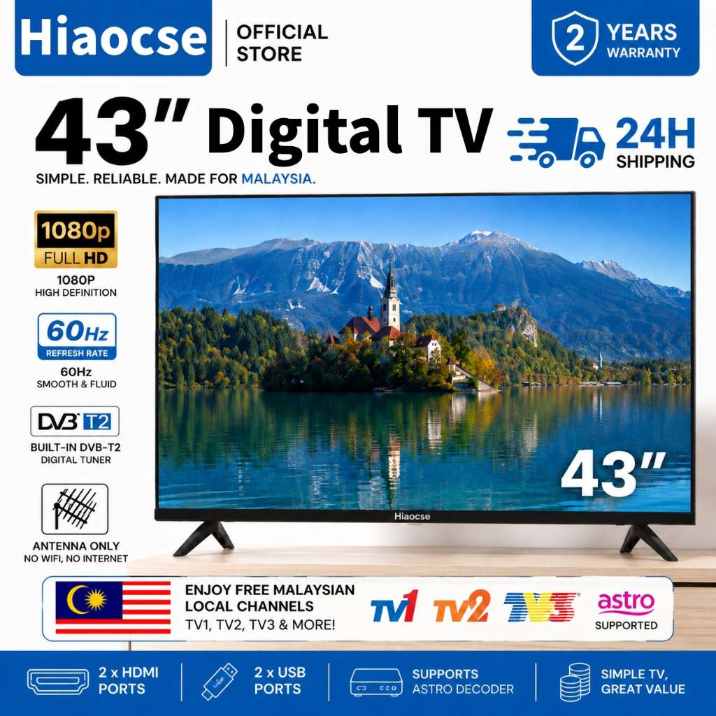 Hiaocse 43 Inch Digital TV LED TV Astro TV NJOI TV Pintar Murah Malaysia Free Channels Local Brand